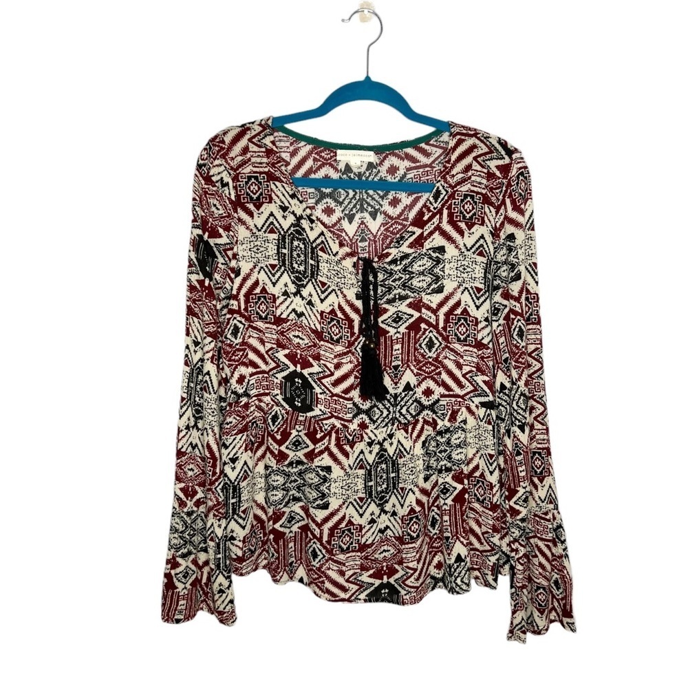 Coco +Jaimeson Boho Tassel Tie Neck Flare Sleeve Blouse